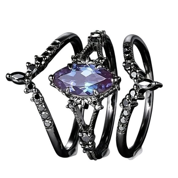 Marquise Cut Alexandrite Engagement Wedding Ring Set with Moissanite in Rhodium - Picture 4 of 7